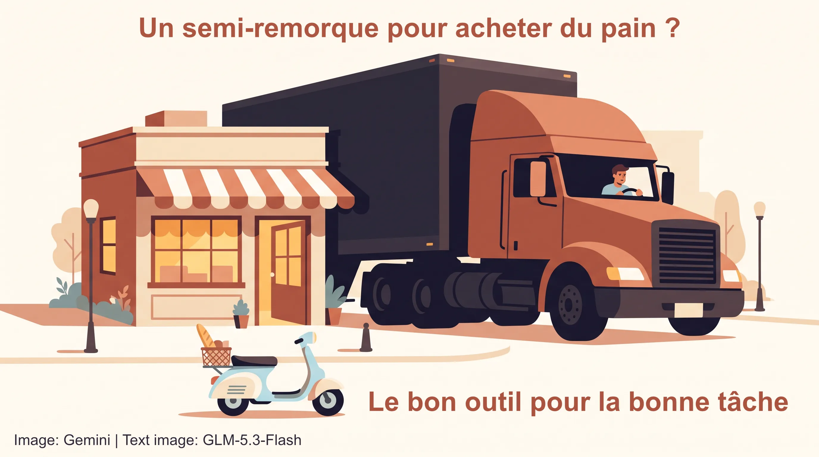 Un scooter l&eacute;ger transporte une baguette de pain vers une boulangerie, tandis qu'un semi-remorque disproportionn&eacute; ne passe pas par la porte